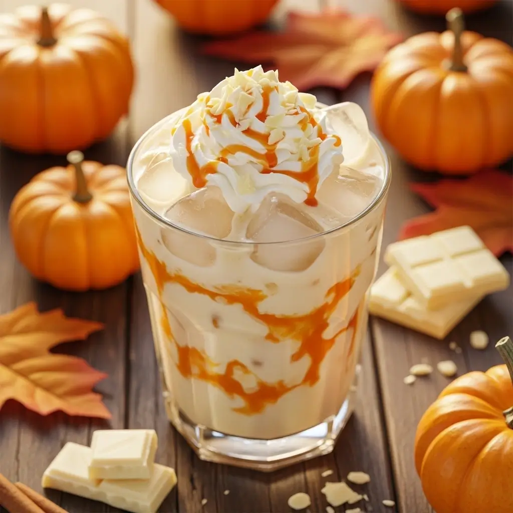 Iced white chocolate pumpkin latte with whipped cream and white chocolate shavings surrounded by pumpkins