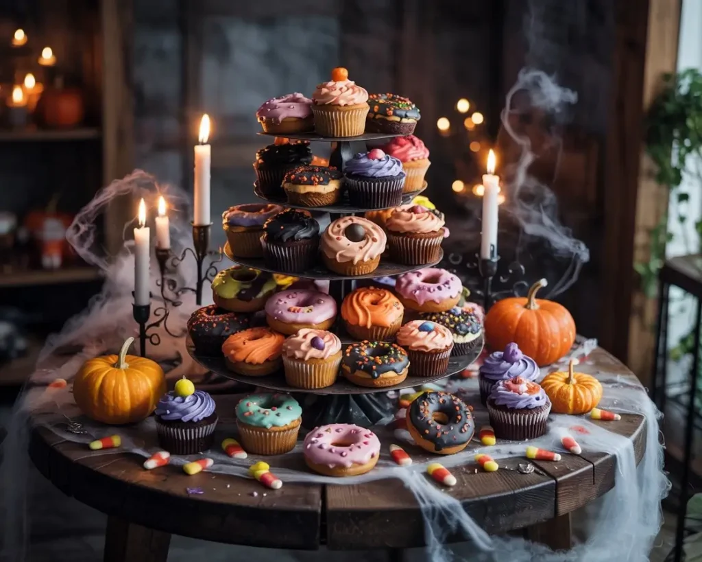 Spooky Halloween recipes and iced coffee drinks on a rustic table with pumpkins and festive decor