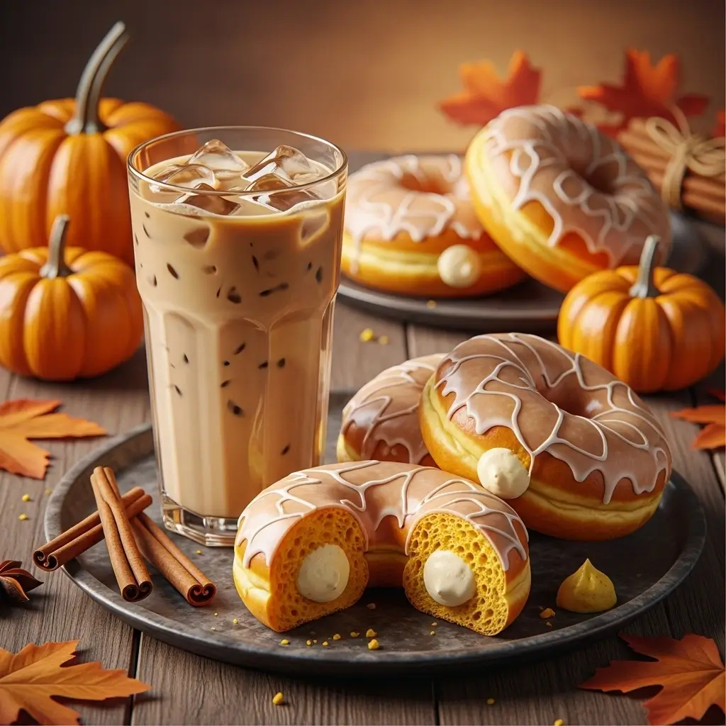 Pumpkin cream-filled donuts with iced coffee, styled with autumn leaves and pumpkins