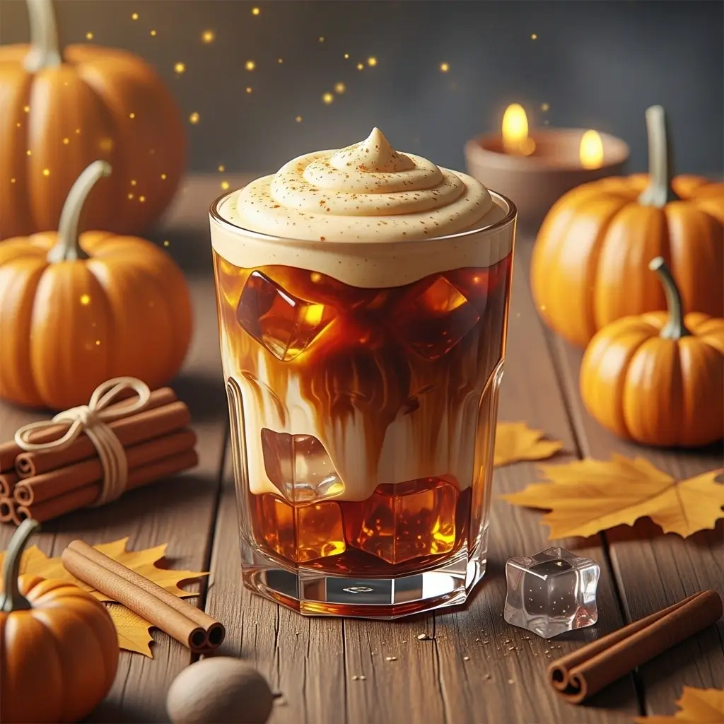 Pumpkin spice cold brew with creamy foam and cinnamon surrounded by pumpkins and autumn leaves