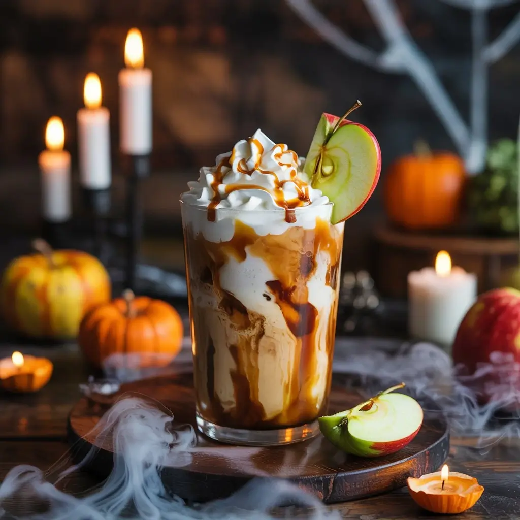 Spooky caramel apple iced latte with whipped cream, caramel drizzle, and Halloween decorations