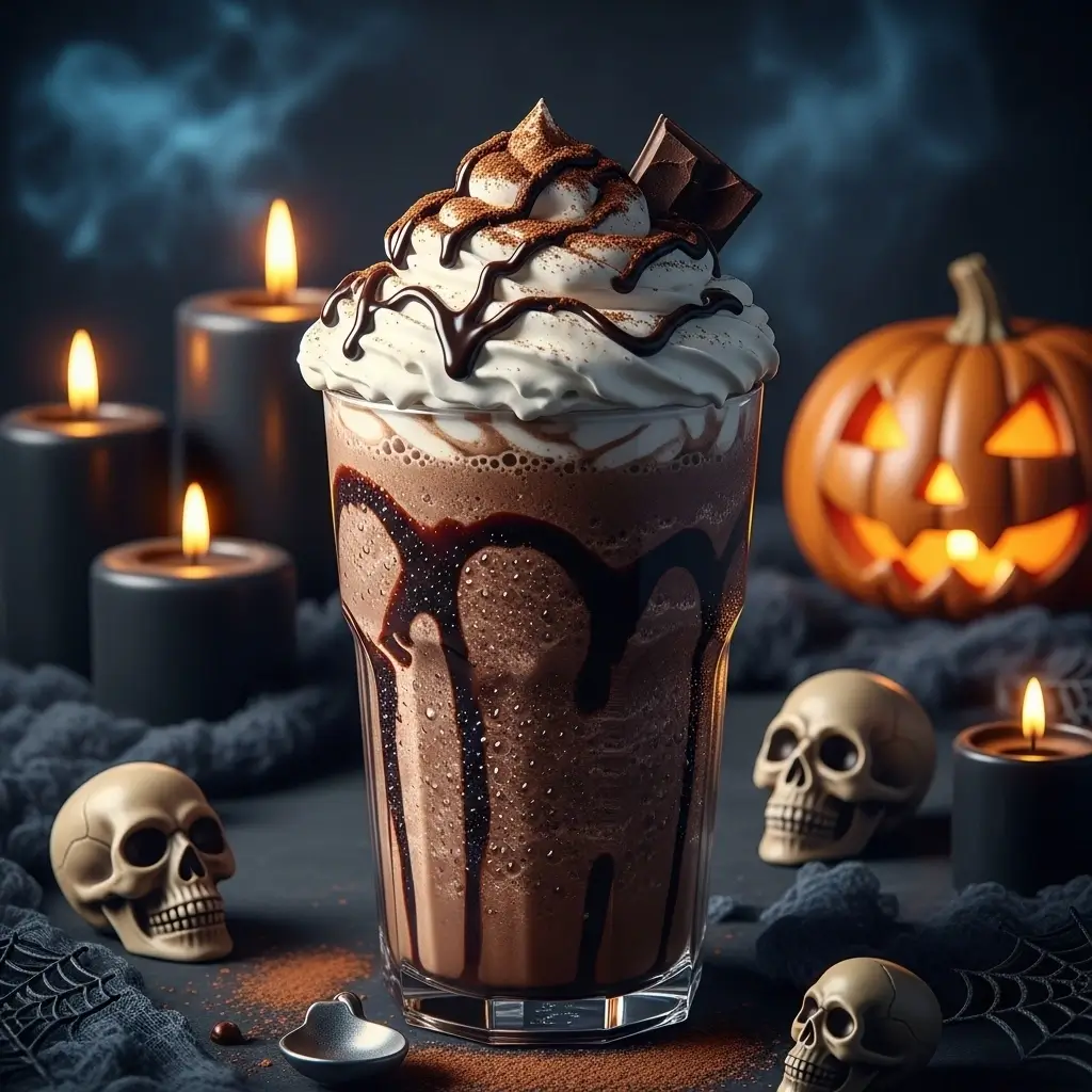 Dark mocha fright frappe with whipped cream, chocolate drizzle, and Halloween decorations