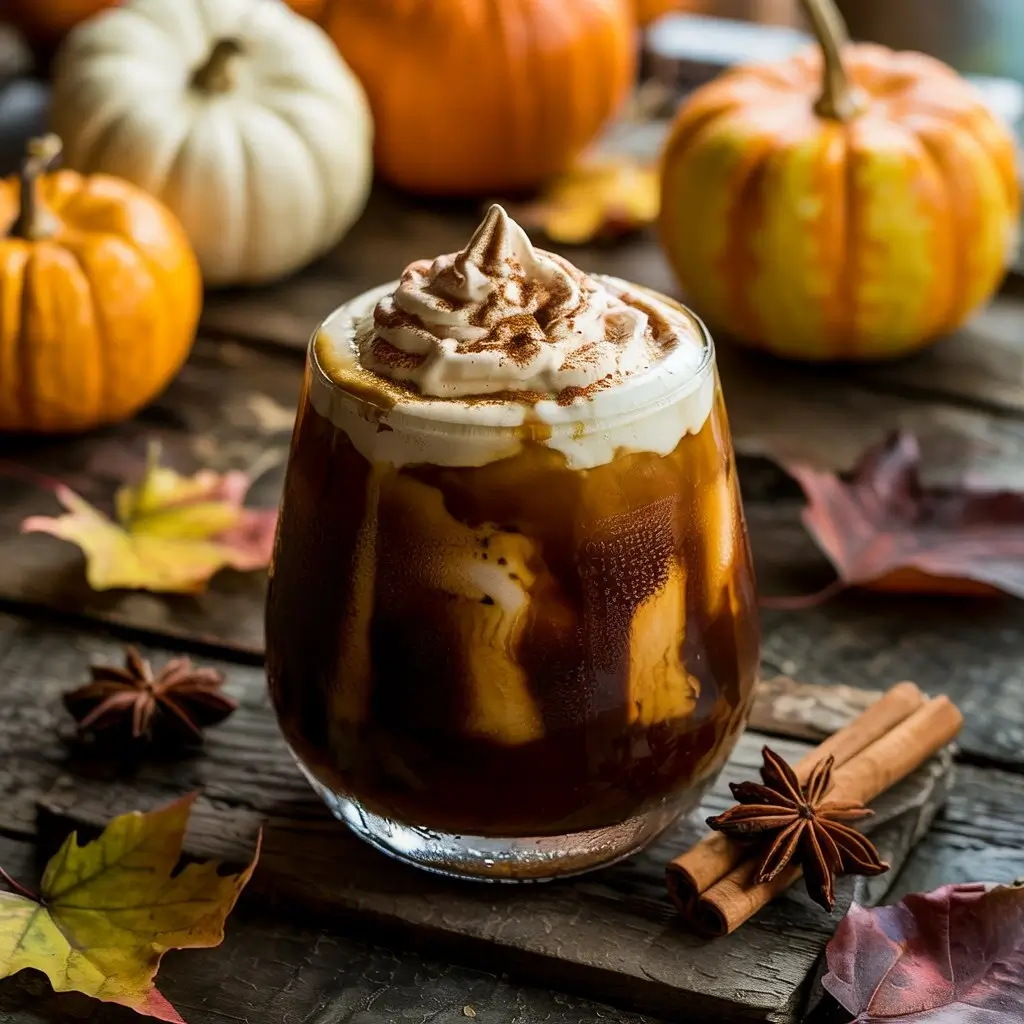 Pumpkin cream iced coffee topped with pumpkin foam, surrounded by fall decorations and warm lighting