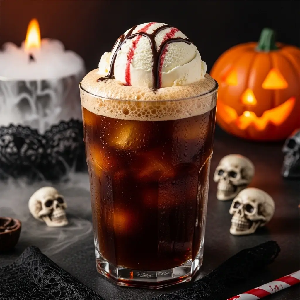 Creepy cold brew float with ice cream, chocolate drizzle, and spooky Halloween decorations