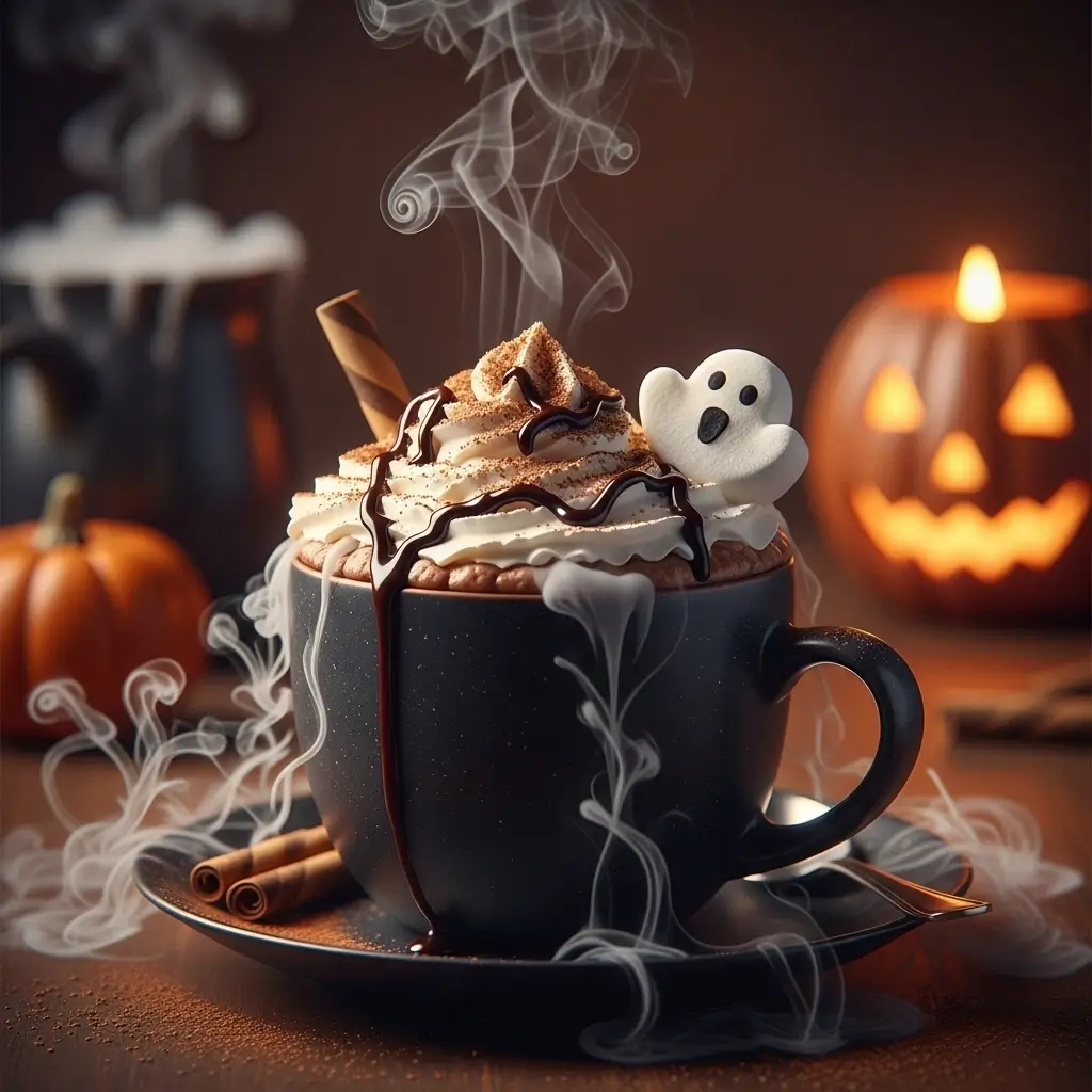 Haunted hot chocolate with whipped cream, chocolate drizzle, and ghost marshmallow in Halloween setting