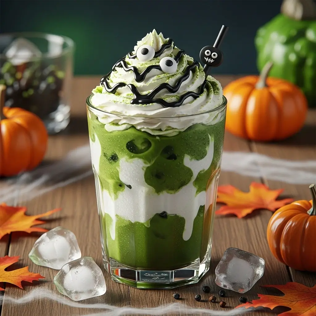 Monster matcha iced latte with whipped cream, chocolate drizzle, and Halloween decorations on rustic table
