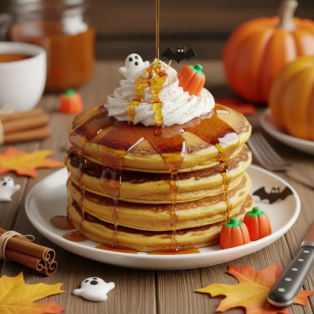 Stack of pumpkin pancakes with whipped cream, maple syrup, and Halloween decorations on rustic table