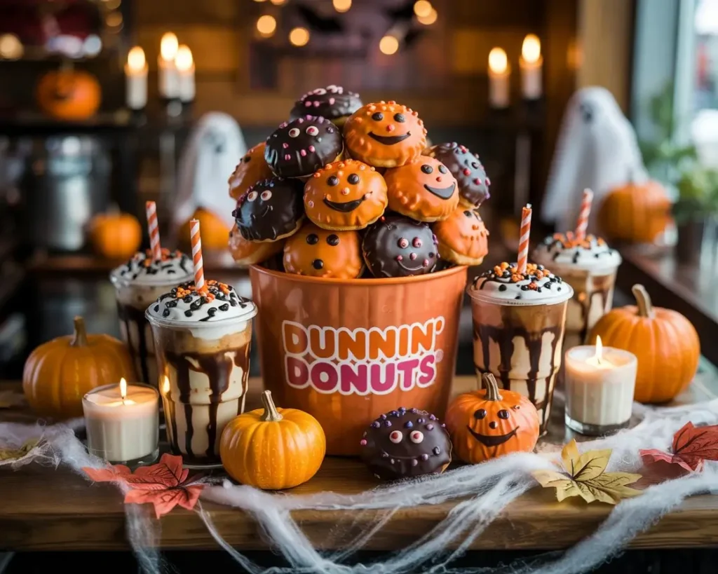 Dunkin Donuts Halloween 2025 menu with iced coffee, donuts, and Halloween decorations