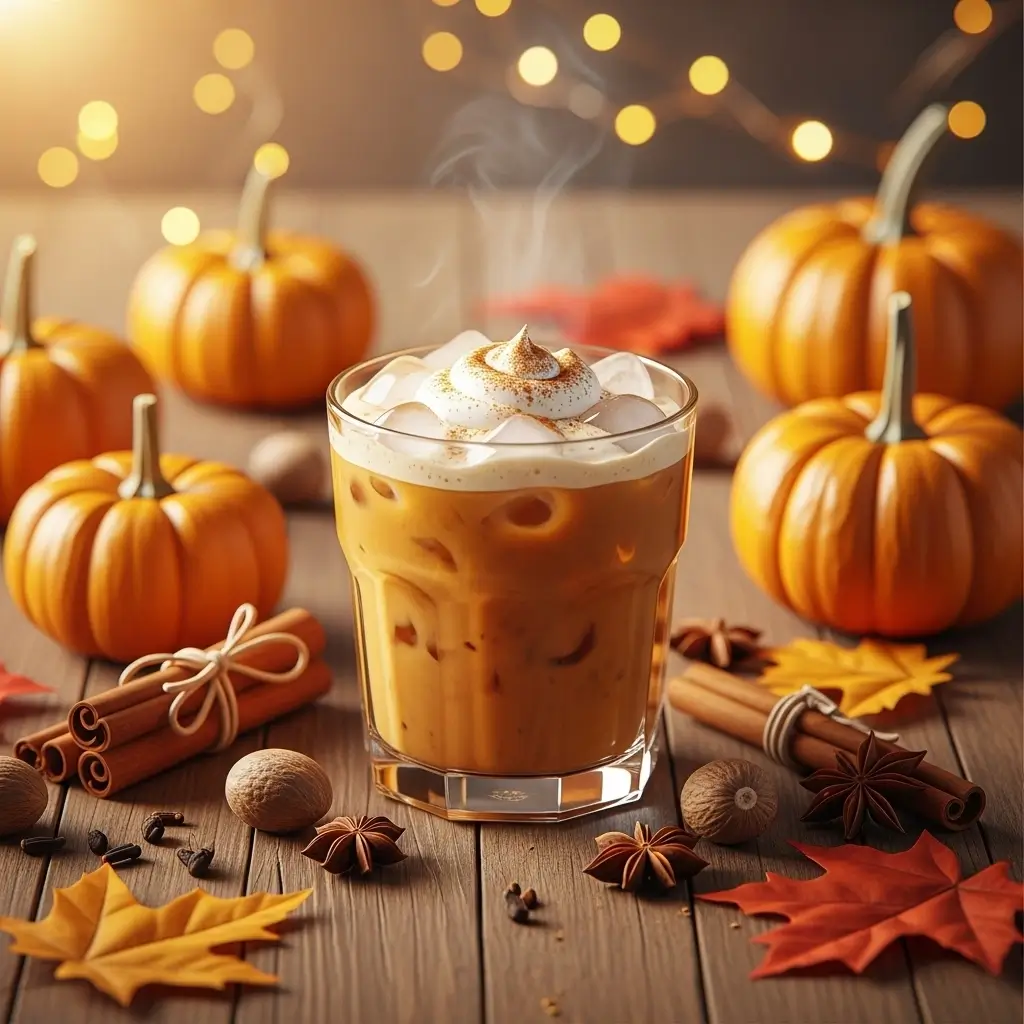 Pumpkin spice iced coffee with cinnamon and pumpkins on rustic table under warm autumn lighting