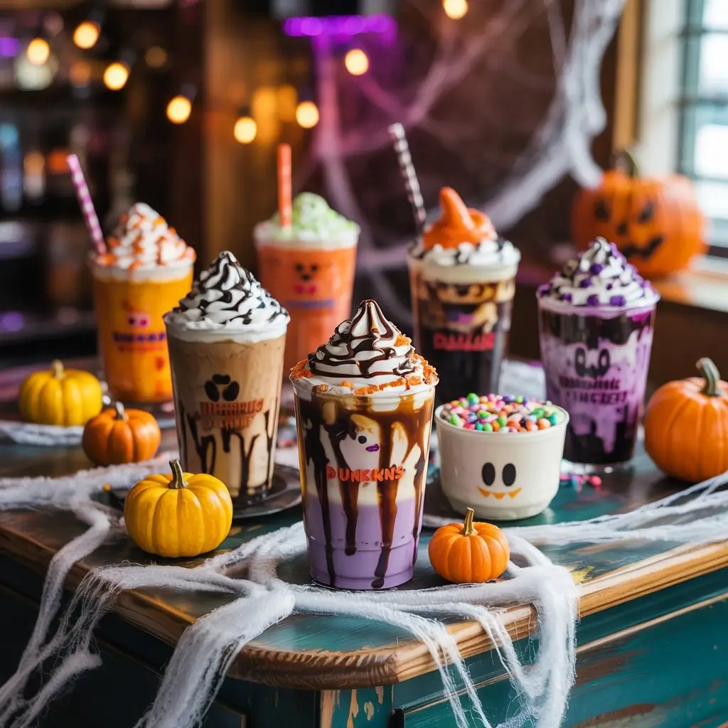 Dunkin Donuts 2025 Halloween drinks lineup with iced coffees, whipped cream, and spooky decorations