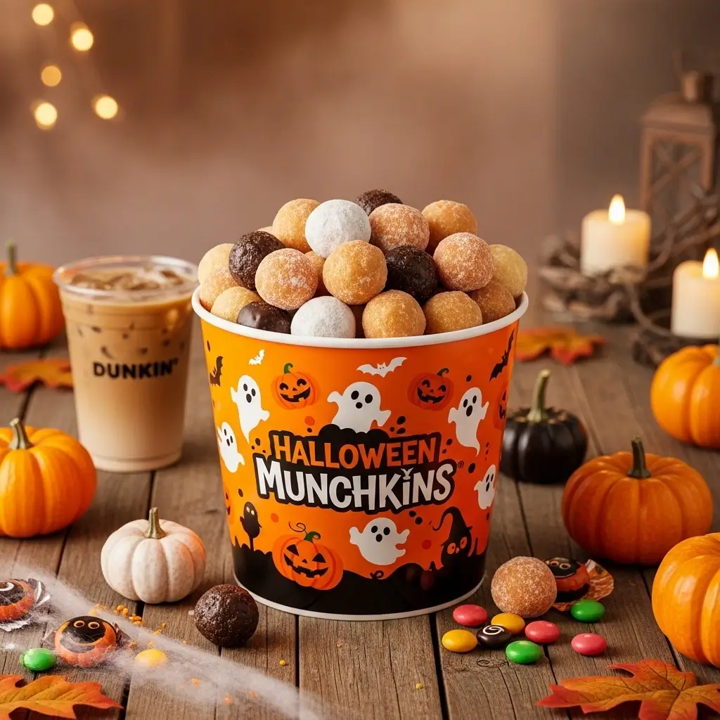 Dunkin Halloween Munchkins bucket filled with donut holes and surrounded by pumpkins and coffee
