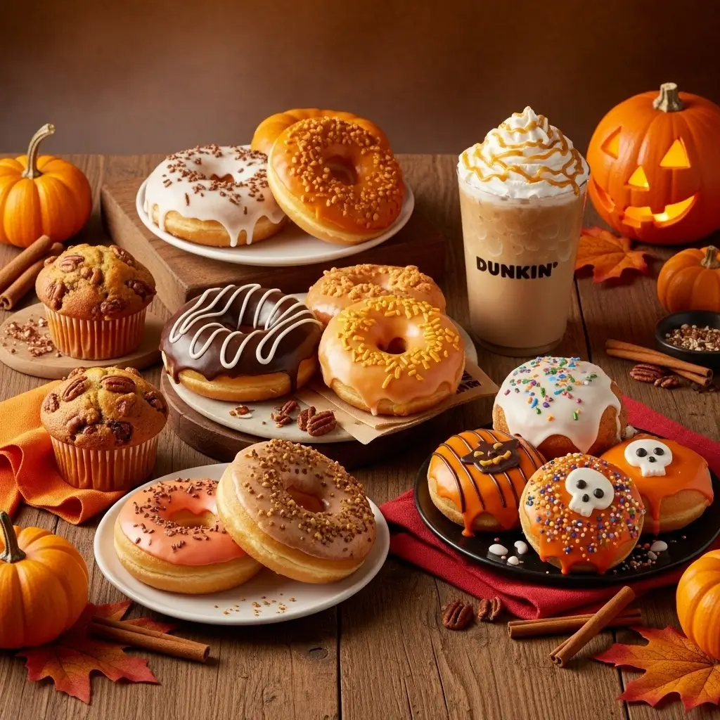 Dunkin fall bakery lineup with pumpkin donuts, muffins, Munchkins, and Halloween pastries on rustic table
