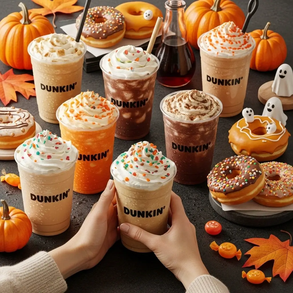 Dunkin Halloween drinks and treats with hands customizing order, styled with pumpkins and fall decor