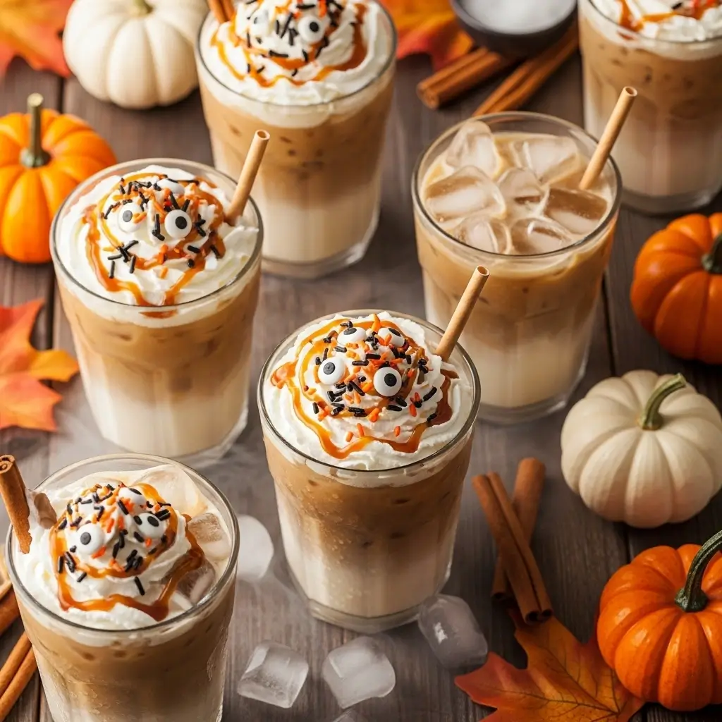 DIY Dunkin-inspired Halloween iced coffee drinks with whipped cream, caramel drizzle, and autumn decorations