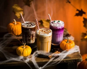 Halloween iced coffee drinks with whipped cream, caramel drizzle, and festive decorations on rustic table