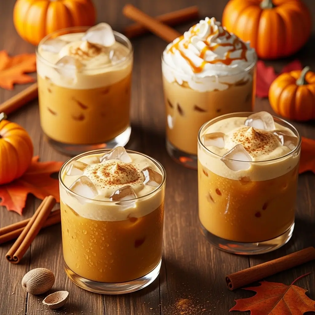 Pumpkin-spiced iced coffee with whipped cream and cinnamon on rustic table with autumn decorations