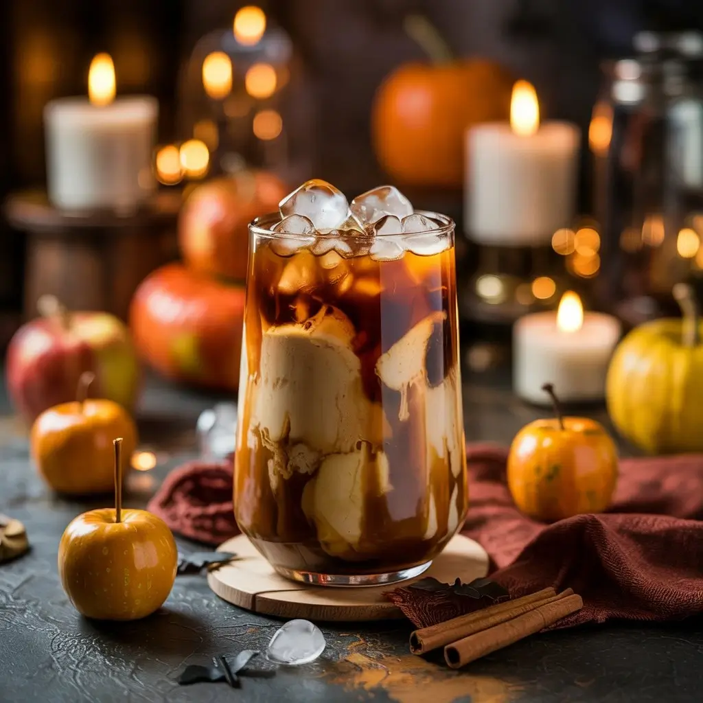 Caramel and apple Halloween iced coffee with caramel drizzle, apple slice garnish, and spooky fall decor