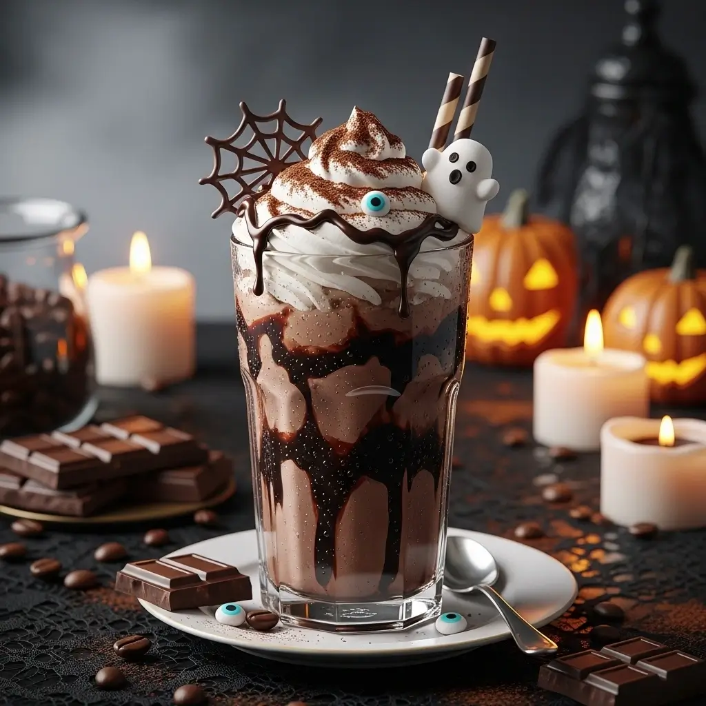 Chocolate and mocha iced coffee with Halloween decor and whipped cream topping