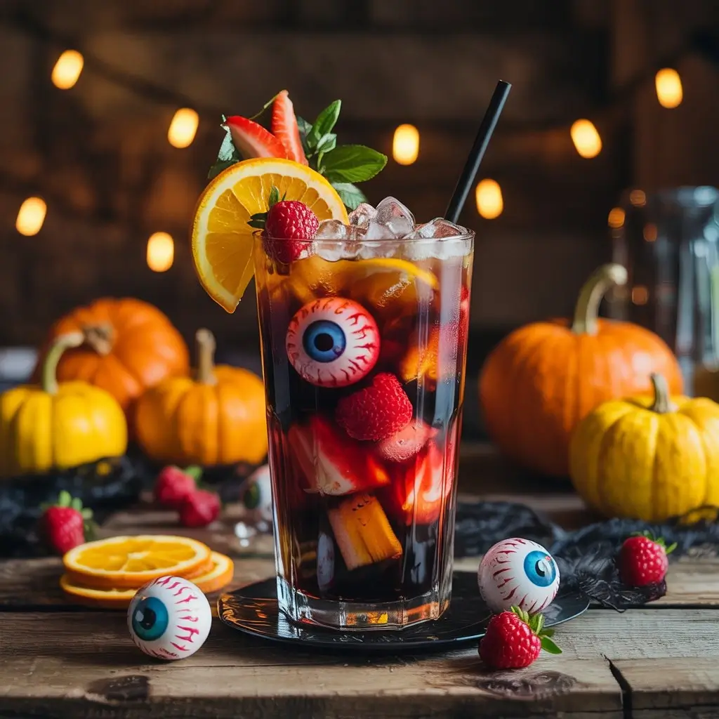 Fruity and refreshing Halloween iced coffee with berries, citrus, and spooky decorations