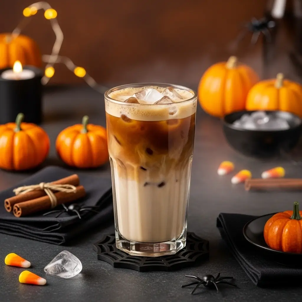 Perfect Halloween iced coffee in a glass with spooky autumn decorations and ice cubes