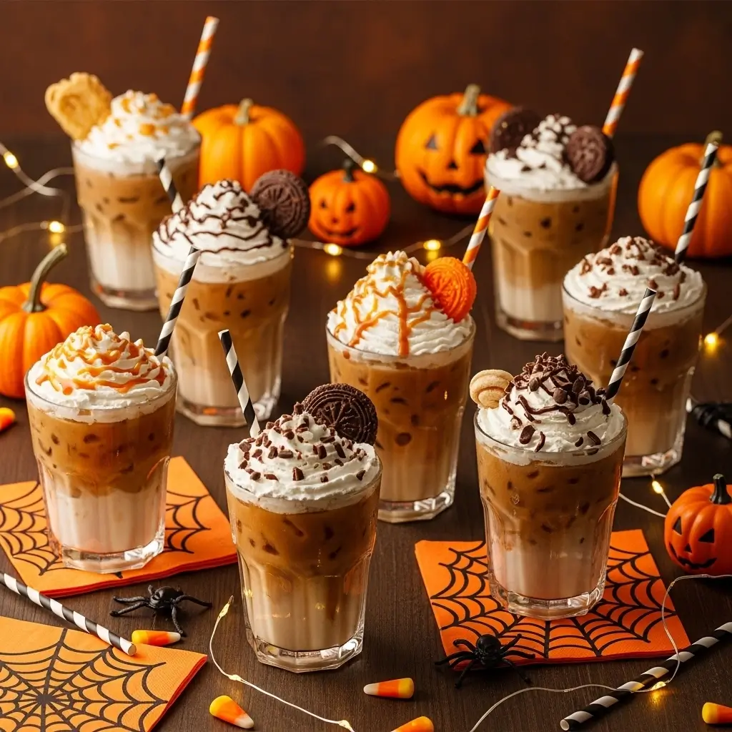 Halloween party iced coffee drinks with whipped cream, candy toppings, and festive decorations