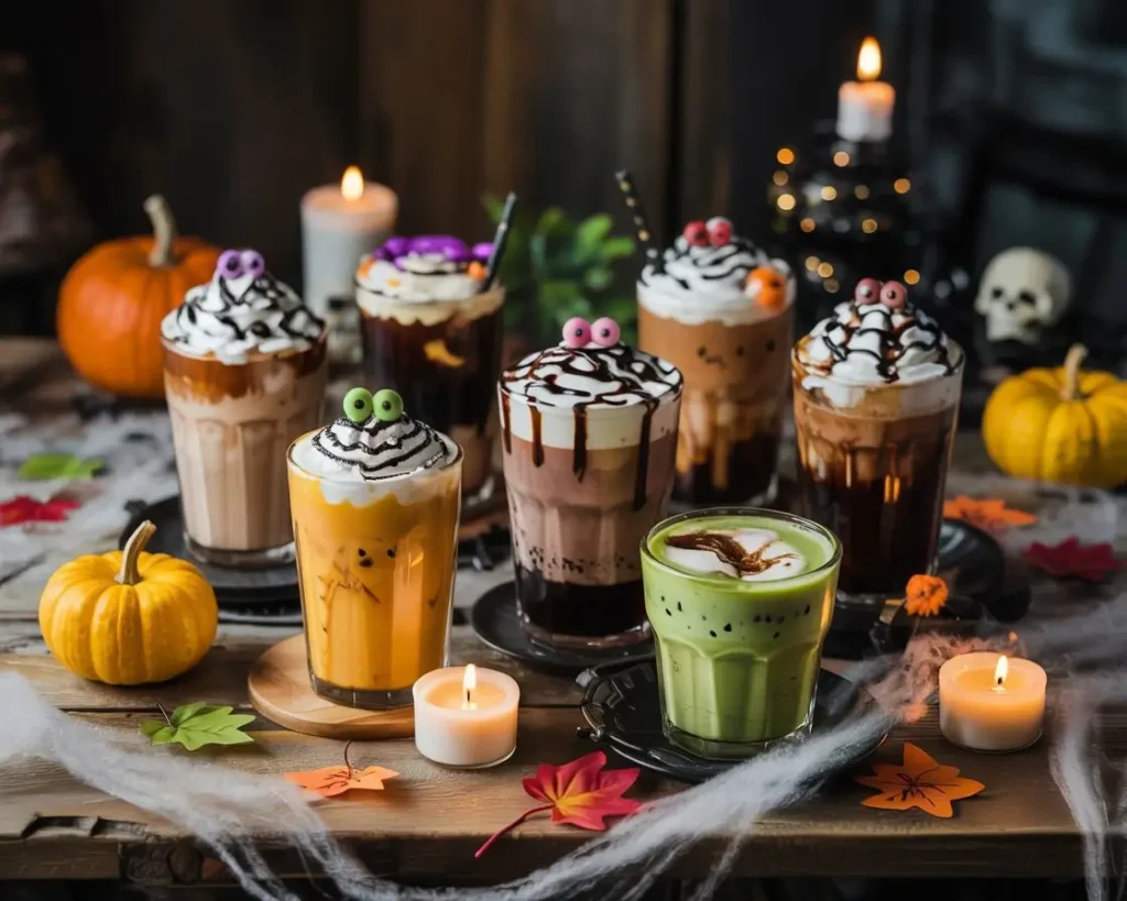Spooky Halloween coffee drinks with whipped cream, sprinkles, and festive decorations on rustic table