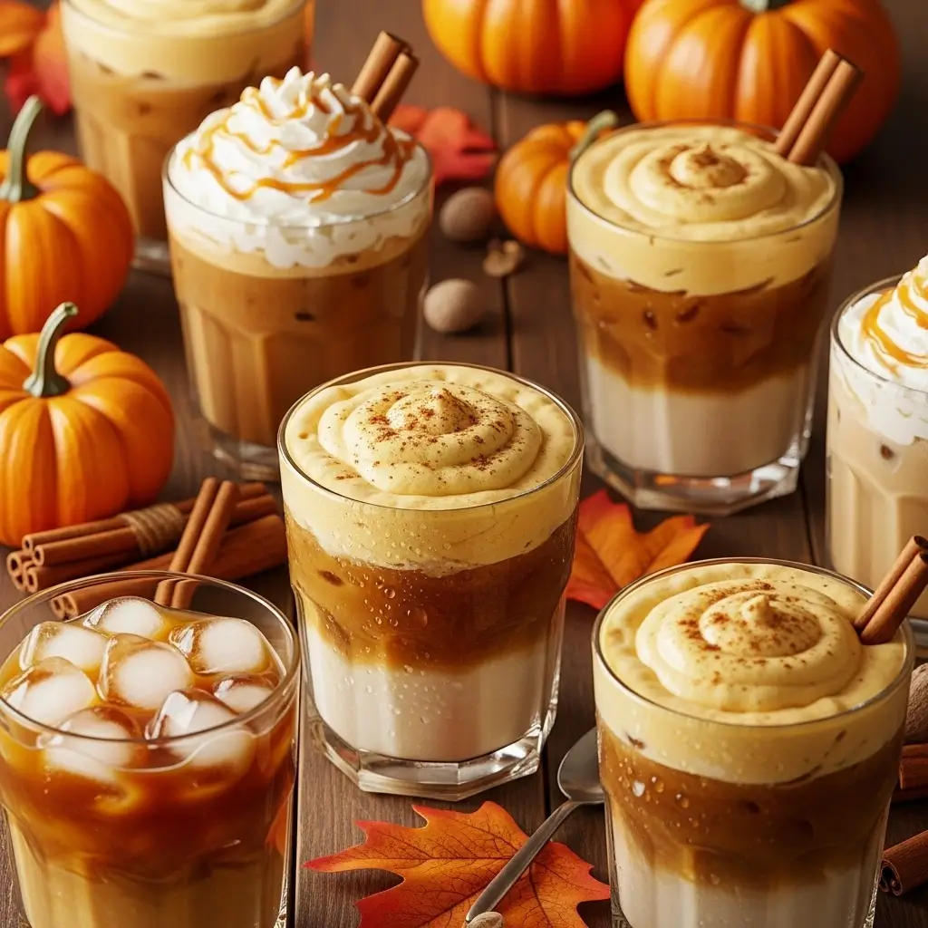 Pumpkin-spiced iced coffee with whipped cream, cinnamon, and autumn decorations on rustic table