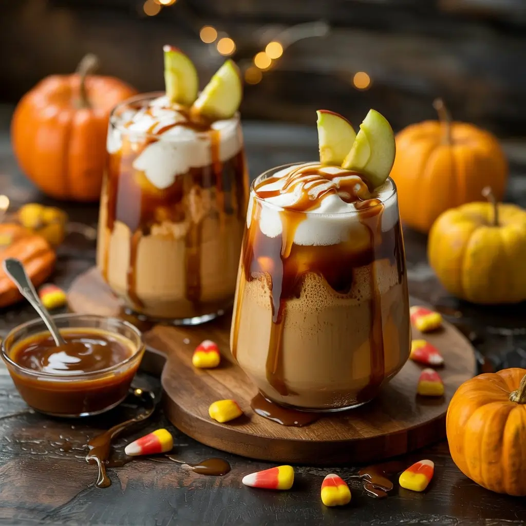 Caramel apple iced coffee with whipped cream, caramel drizzle, and festive Halloween decorations