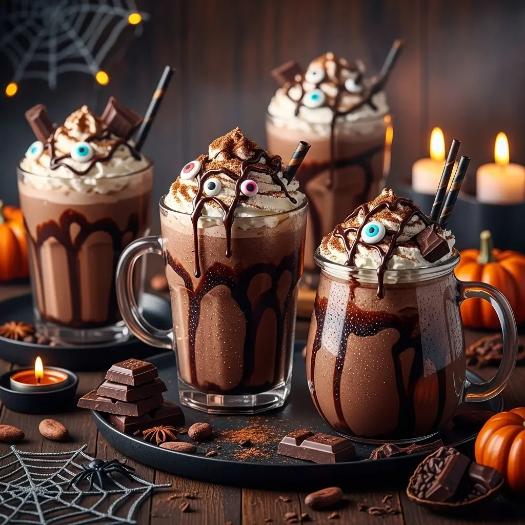Halloween chocolate mocha iced coffee drinks with whipped cream, chocolate drizzle, and spooky decorations