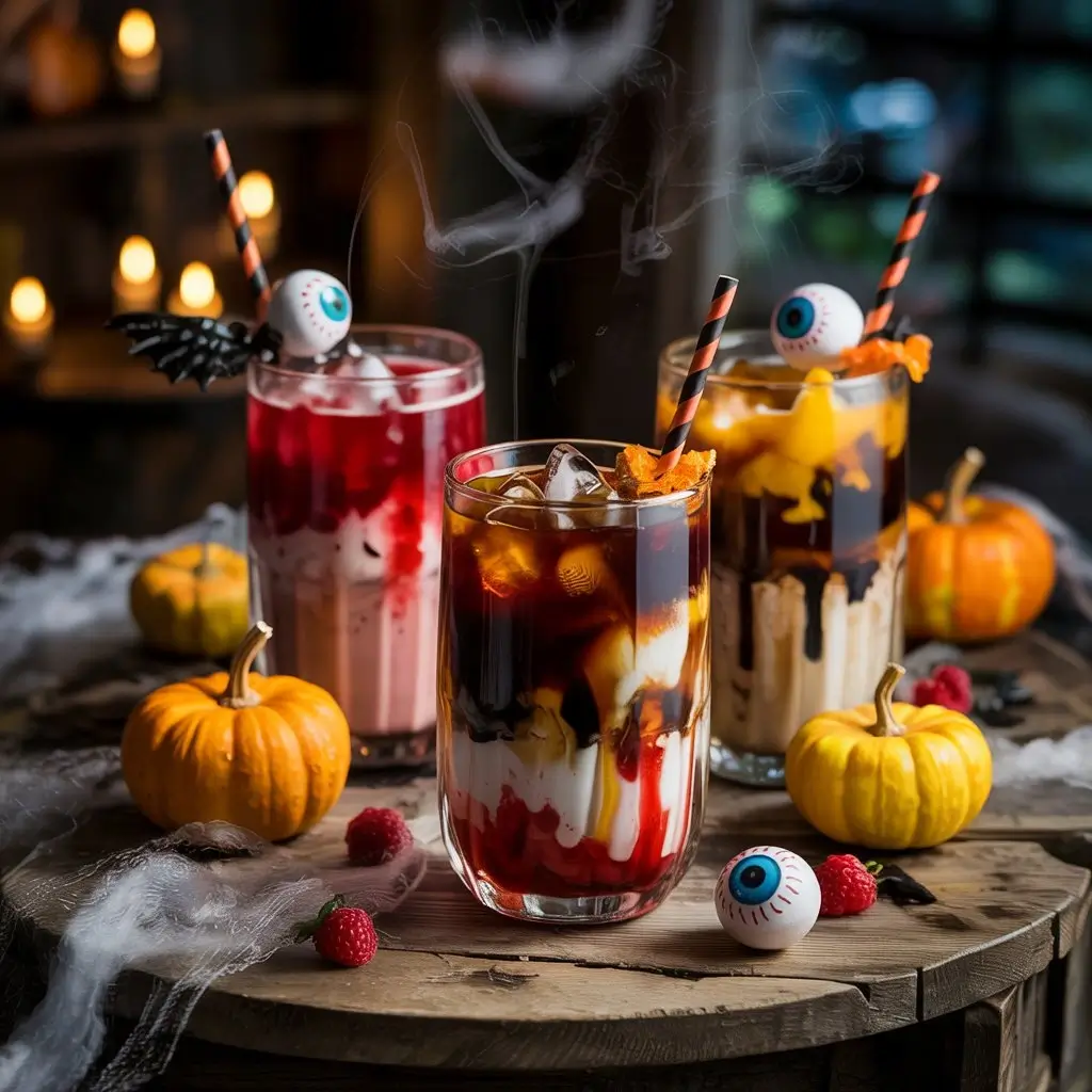Fruity and colorful Halloween iced coffee with berries, citrus, and spooky decorations on rustic table