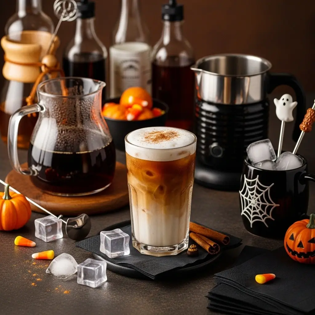 Halloween iced coffee setup with brewing tools, ice, and festive decorations for perfect seasonal coffee