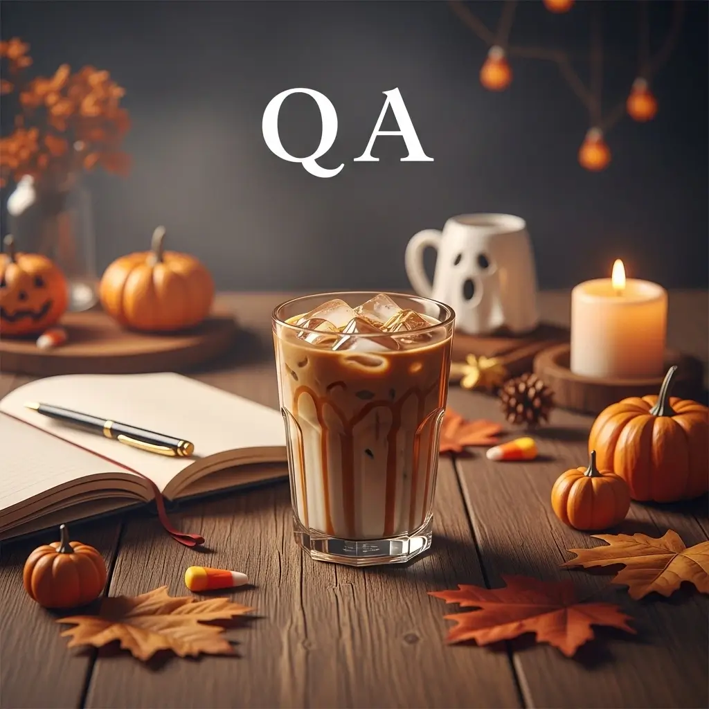 Halloween iced coffee beside notebook and pumpkins on rustic table for FAQ section