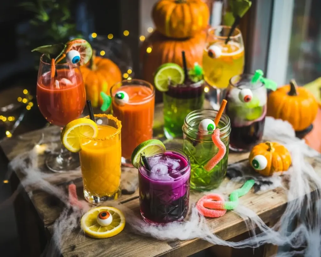 Colorful Halloween mocktails with fruit garnishes, smoke effects, and festive decorations on rustic table