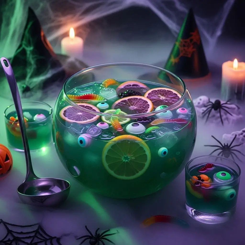 Green witches’ brew punch with candy eyeballs, fog, and Halloween decorations in a glass bowl