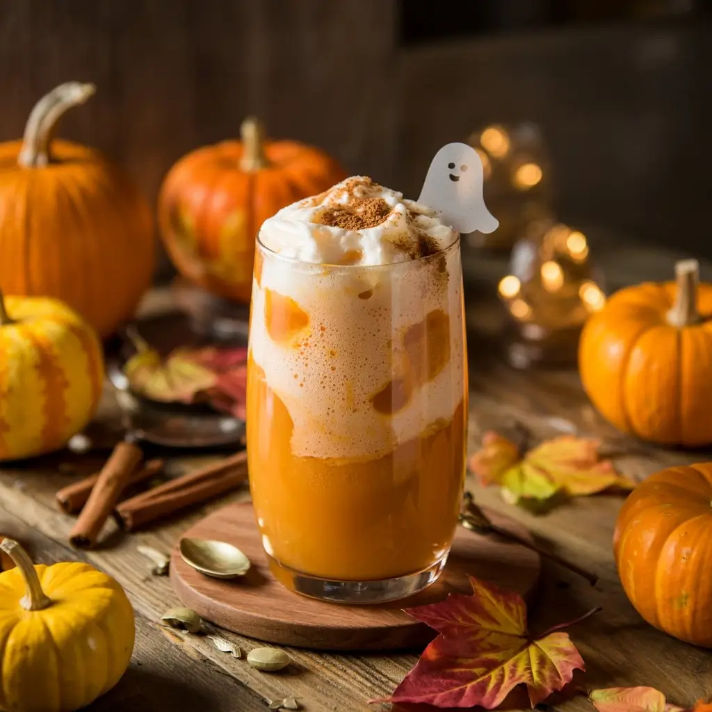 Creamy pumpkin mocktail with cold foam, cinnamon, and autumn decorations on rustic table
