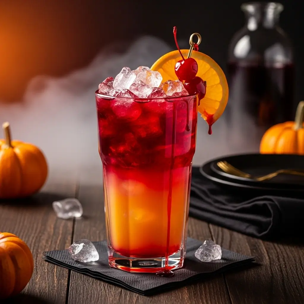 Layered red and orange Bloody Sunrise Mocktail with fruit garnish and spooky Halloween decorations