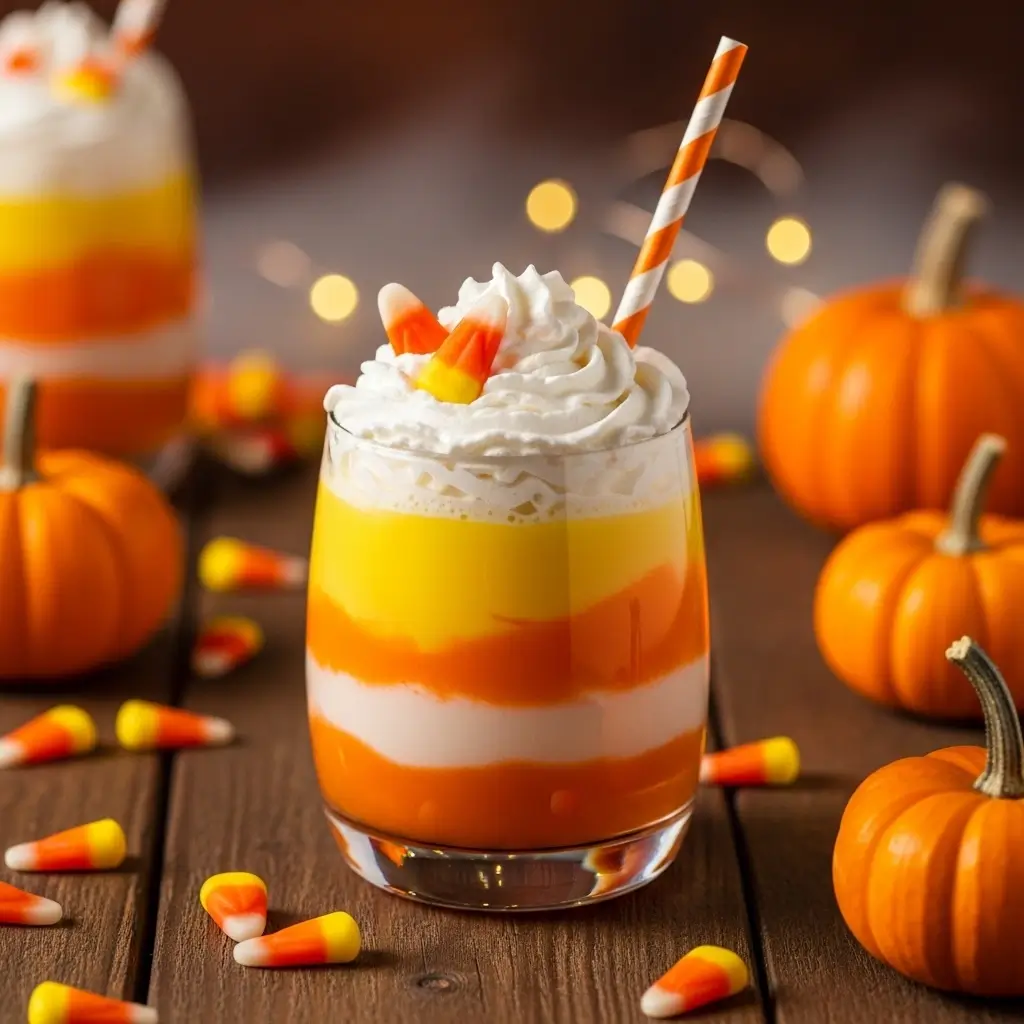 Layered candy corn mocktail with whipped cream and festive Halloween decorations on wooden table