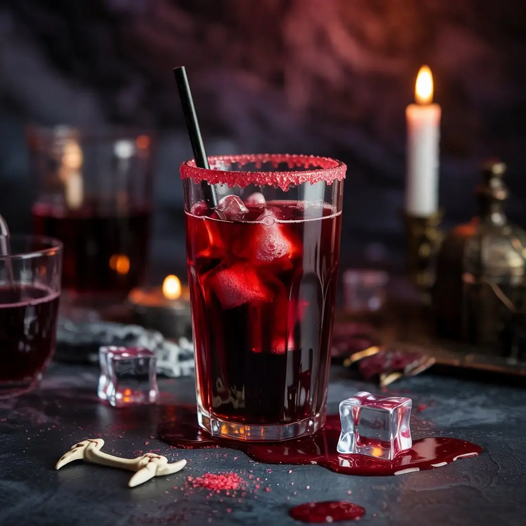 Dark vampire-themed cold brew mocktail with red syrup swirl and spooky Halloween decorations