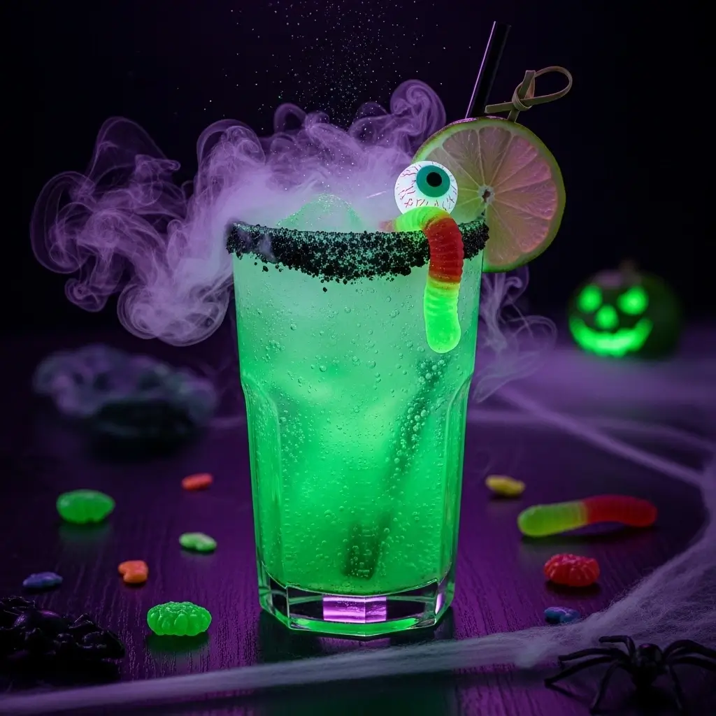 Glowing green Halloween mocktail with black sugar rim and spooky candy garnish