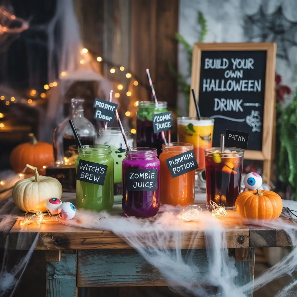 Halloween drink bar with colorful spooky mocktails, pumpkins, and dry ice fog