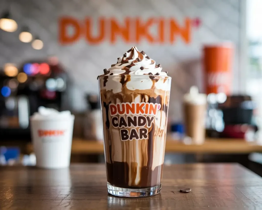 Dunkin’ Candy Bar Signature Latte in a tall glass with whipped cream, chocolate and caramel drizzle, and chocolate chunks