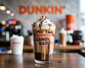 Dunkin’ Candy Bar Signature Latte in a tall glass with whipped cream, chocolate and caramel drizzle, and chocolate chunks