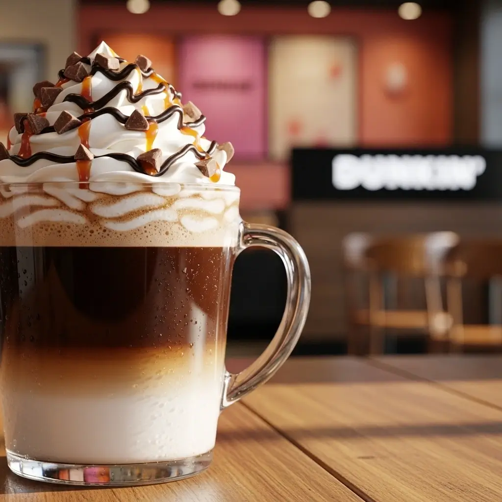 Dunkin’ Candy Bar Latte with whipped cream, chocolate drizzle, caramel sauce, and chocolate chunks on a wooden table