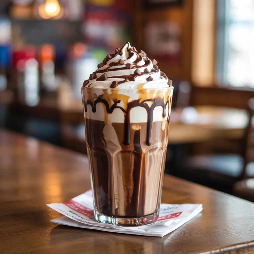 Dunkin’ Candy Bar Latte with whipped cream, chocolate and caramel drizzle, and chocolate chunks on a café table
