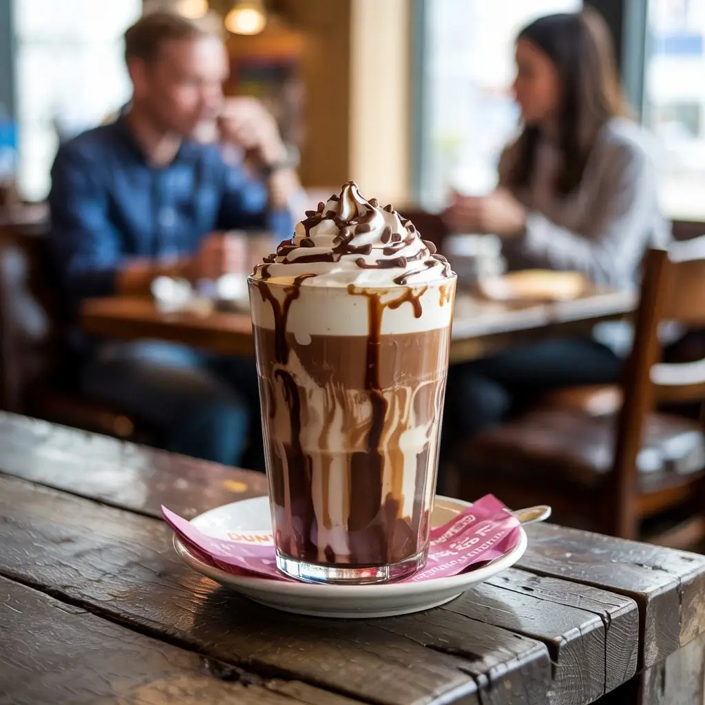 Dunkin’ Candy Bar Latte with whipped cream, chocolate and caramel drizzle, chocolate chunks, café patrons in the background
