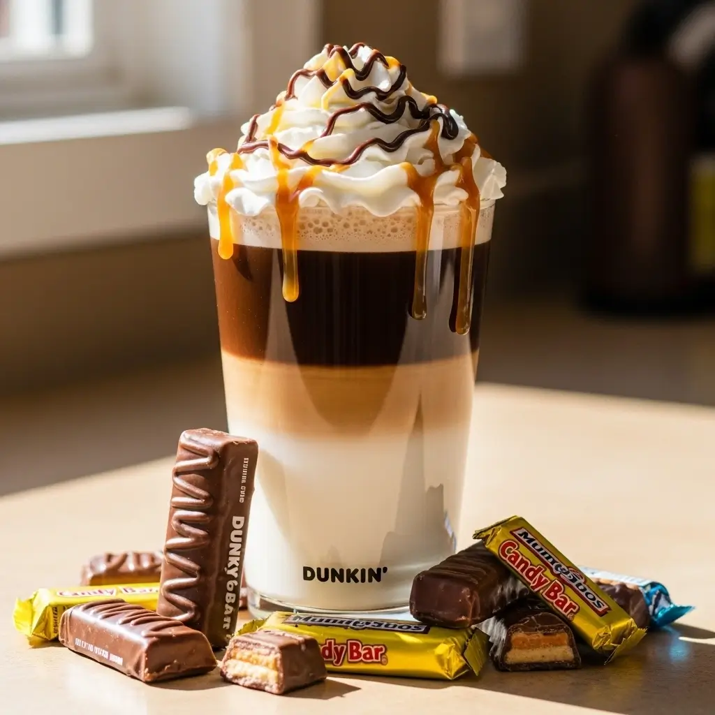 Homemade Dunkin’ Candy Bar Latte with whipped cream, chocolate and caramel drizzle, and candy bars on a kitchen counter