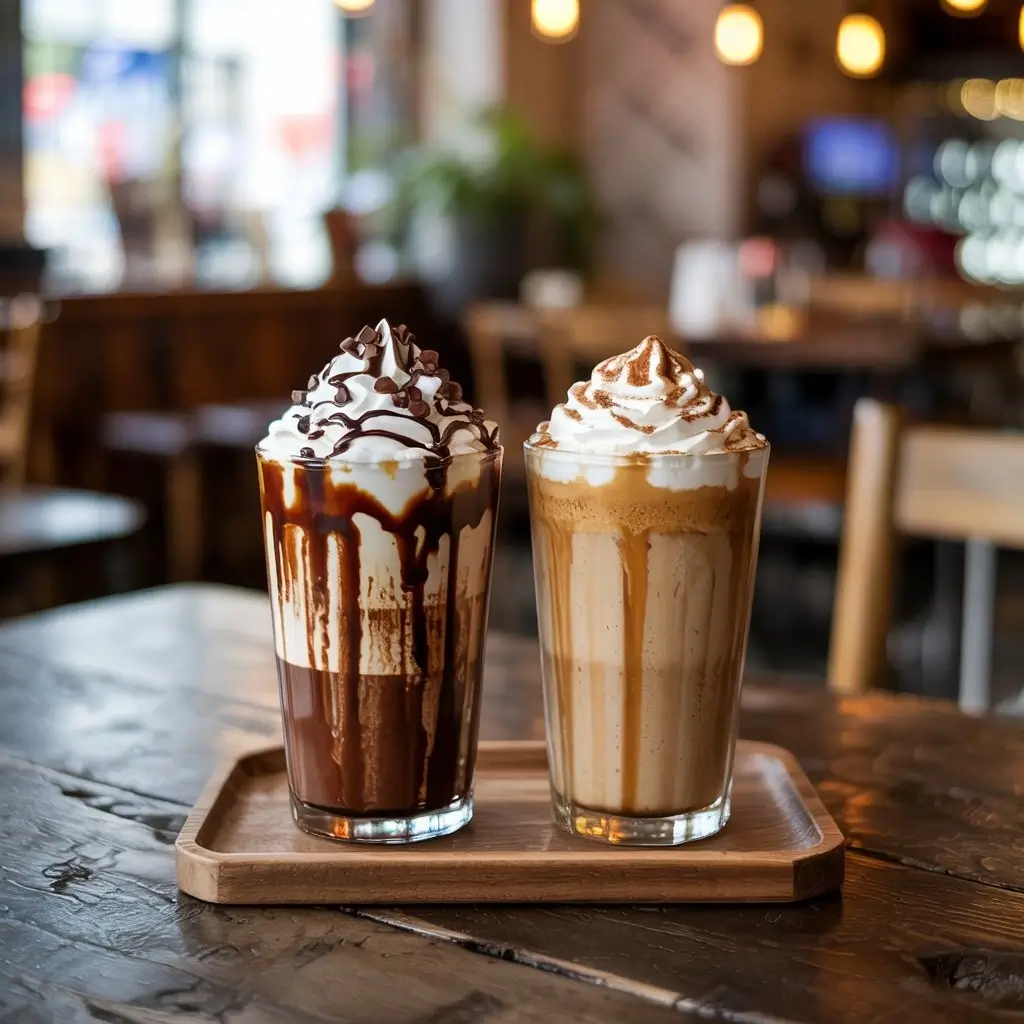 Dunkin’ Candy Bar Latte with chocolate and caramel next to Dunkin’ Pumpkin Spice Latte with whipped cream and cinnamon on a café table