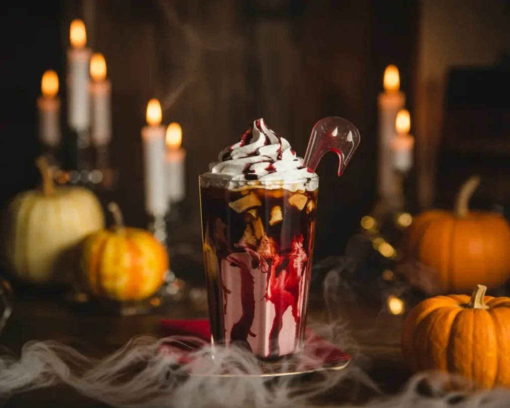 Vampire Iced Coffee with red syrup, whipped cream, and chocolate drizzle in a spooky Halloween setting