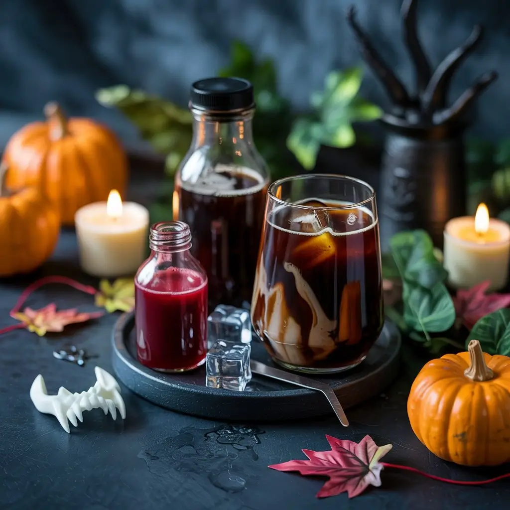 Flat lay of Vampire Iced Coffee ingredients with cold brew, red syrup, whipped cream, and Halloween props on a dark table