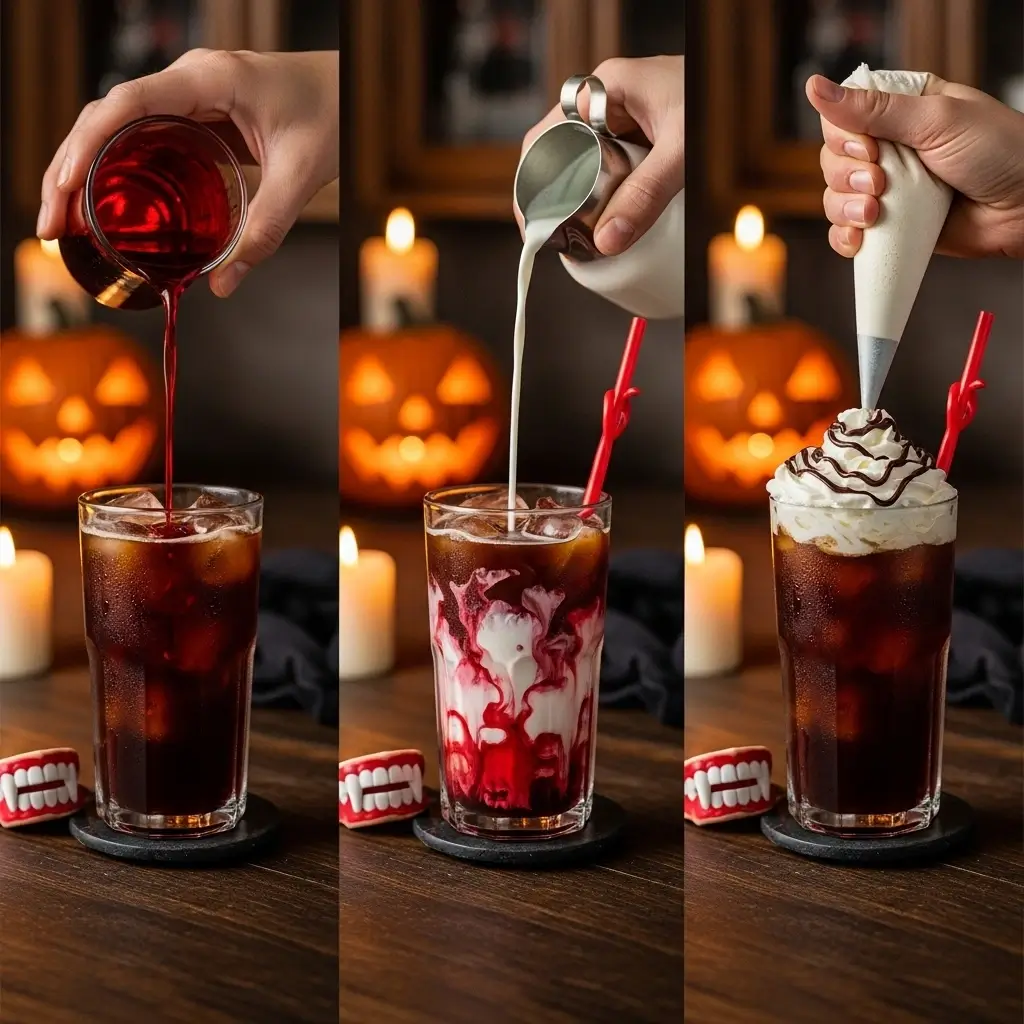 Making Vampire Iced Coffee step-by-step with red syrup, cold brew, milk, whipped cream, and Halloween decorations